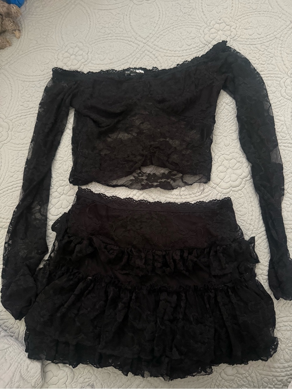 Fashion Nova Black Lace Off-Shoulder Ruffle Mini Set